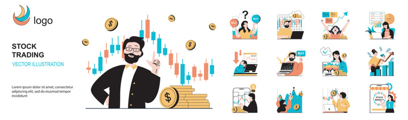 Leinwandbilder - Stock trading concept with character situations collection. Bundle of scenes people making exchange market trends research, analysis, investing, making money. Vector illustrations in flat web design