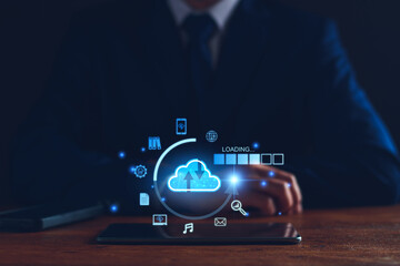 Wall Mural - data download from cloud computing concept. man using smartphone and computer to download, upload bu