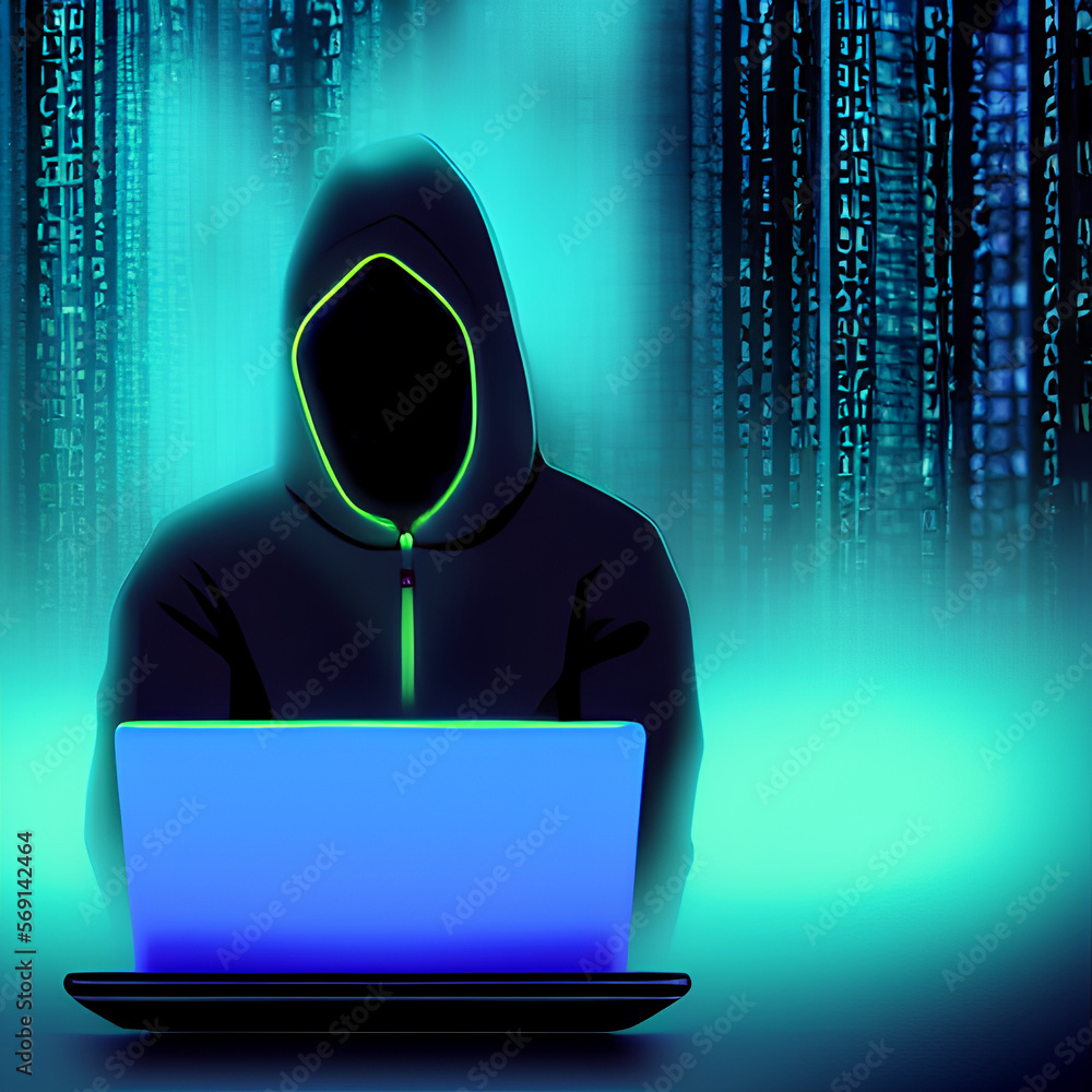 Hooded Hacker using computer for massive data breach attack. Generative ...