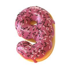 Glazed donut font 3d rendering number 9