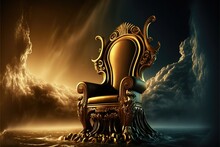 The Golden Armchair Is An Ideal Piece Of Furniture For The Royal Room, High Resolution, Illustration, Scenic Background, Sky, Fog, Gradient, Golden Rays Of The Sun Envelop The Golden Throne, Carved.AI
