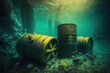 Barrels of radioactive waste lie at the bottom of the ocean, concept of Radioactivity and Contamination, created with Generative AI