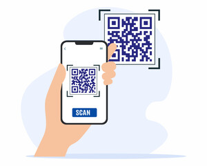 Man hand holding a phone and scanning QR code for online payment.