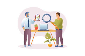 Wall Mural - seo elements concept with people scene in the flat cartoon design. two programmers review all elemen