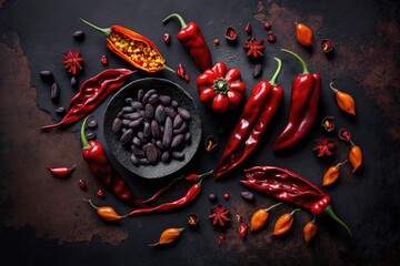 Sticker - Red spicy chili pepper corns and pods in top view on a background made of dark old metal. Generative AI