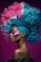glamorous black model profile with colorful hair and wearing fashion clothes. Generative AI