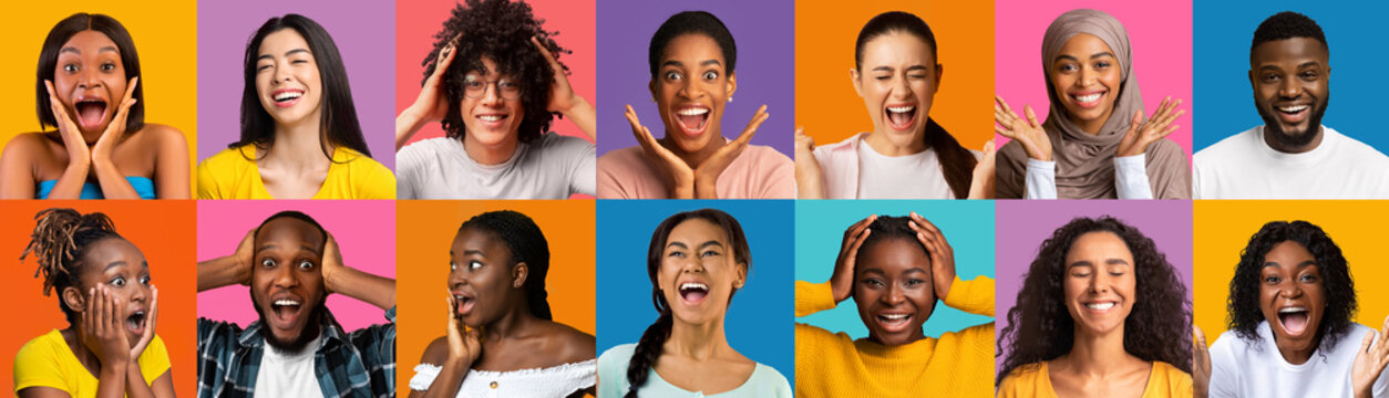 multiracial young people showing happiness, collection of photos