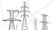 © panimoni - High voltage transmission systems. Electric pole. Power lines. Energy pylons. Black outlines image. A network of interconnected electrical. Vector design illustration