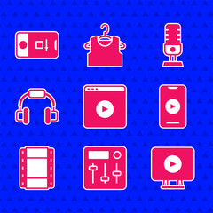 Sticker - Set Online play video, Sound mixer controller, Play Video, Headphones, Microphone and Photo and shooting icon. Vector