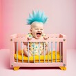© Uncanny Valley - A small, sweet, happy, punk baby sitting in the crib screaming with laughter and joy. Colorful shaggy modern hairstyle, rock and roll kid. Pastel background. Illustration, Generative AI.