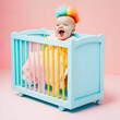 © Uncanny Valley - A small, sweet, happy, punk baby sitting in the crib screaming with laughter and joy. Colorful shaggy modern hairstyle, rock and roll kid. Pastel background. Illustration, Generative AI.