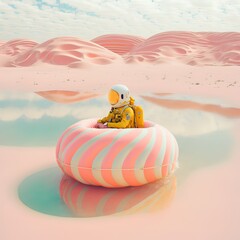 Wall Mural - Pastel pink desert summer abstract concept, little cute cyborg astronaut in an inflatable water raft during a warm summer day on hot sand. Illustration, Generative AI.