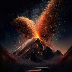 Night abstract landscape of the eruption of a large volcano, explosion of lava and fire under the starry sky. Illustration, Generative AI.