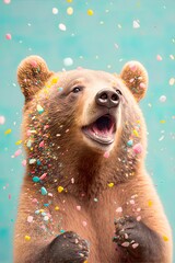 Wall Mural - Illustrated animal party concept, big brown bear having fun and dancing, confetti and balloons on pastel background. Illustration, Generative AI.