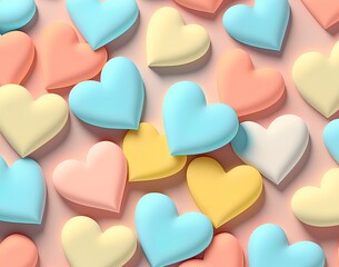 Wall Mural - Creative Valentine's Day flat lay background, pattern of love pastel hearts, pink shades. Illustration, Generative AI.