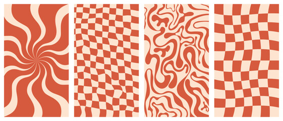 groovy hippie 70s vector backgrounds set. chessboard and twisted patterns. backgrounds in trendy ret