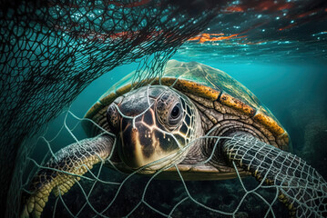 Wall Mural - Turtle trapped in fishing net. Generative AI.