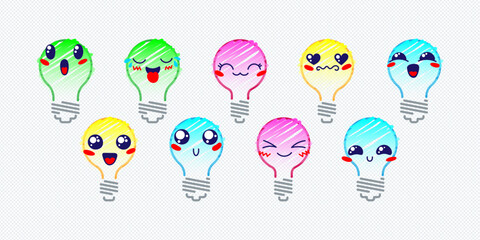 Set of Various Cartoon Bulbs with Emoticons. Doodle lightbulb, ideas, eyes and mouth. Caricature comic expressive emotions, smiling, crying and surprised character face expressions