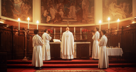in grand old church at the altar ministers lead the eucharist, a sacred christian ceremony. holy com