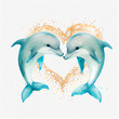 Two watercolor dolphins and heart shaped water splash. Beautiful sea animals swim and jump together. hand drawn painting of love and affection. Cheerful dolphin bodies creating heart in ocean waves