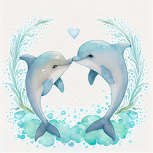 Two Loving Dolphins Watercolor Painting, Cute Anumals In Ocean Waves With Floral Frame And Heart Leap With Grace. Love And Romantic Relations Drawing For Valentine Card, Connection Of Sea Dolphins