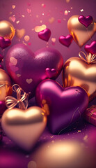 Wall Mural - Celebration vertical background, gold and purple colored balloons. Gifts and confetti, glittering heart shape balloons. Festive background for New Year or Valentine's Day or holiday. Generative AI.