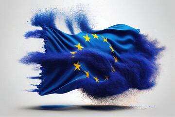 Explosive EU Wave Flag Powder on a White Background. European Union flag. Generative AI.