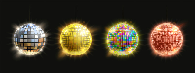 Disco mirror ball. Retro party club decoration silver, golden, rainbow and bronze shining balls isolated vector illustration set