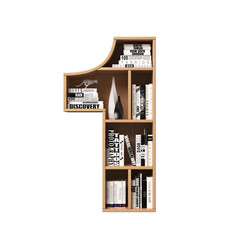 Wall Mural - Bookshelves 3d font. Alphabet in the form of book shelves. Mockup font, 3d rendering. Number 1