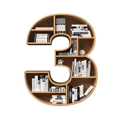 Wall Mural - Bookshelves 3d font. Alphabet in the form of book shelves. Mockup font, 3d rendering. Number 3