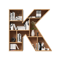 Wall Mural - Bookshelves 3d font. Alphabet in the form of book shelves. Mockup font, 3d rendering. Letter K