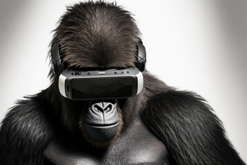 Wall Mural - Portrait of a black gorilla in VR glasses, playing video games with a virtual reality headset on white background. Generative AI