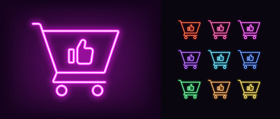 Wall Mural - Outline neon trolley cart icon set. Glowing neon shopping trolley with Like hand sign, best buy pictogram. Approval hand with thumb up, benefit purchase, online shopping.