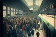 © PaulShlykov - People in the crowd get off the train in train terminal.