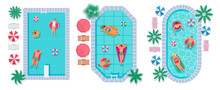Summer Swimming Pools. People Relax In Hotel Outdoor Pool With Top View Swim Ring, Sunbeds And Umbrellas Vector Illustration Set