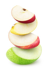 Wall Mural - Isolated pieces of apple fruits. Green, red, yellow apple fruit on top of each other isolated on white background