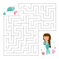 Wall Mural - Maze game with mermaid and turtles. Printable educational labyrinth. Activity page. Children workbook. Cute cartoon fairy tale characters. Vector illustration.