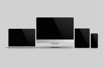 A creative web design agency presentation across multiple devices. Computer display, laptop, tablet, smartphone mockup on a grey background. 3d rendering. Open laptop, smartphone and tablet pc mockup.
