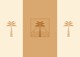 Palms, sea and sunrise vector set.  Elegant palm and beach logo design line icon vector in luxury style outline linear. Premium boutique, jewelry, vacation, tourism emblem logo design set.