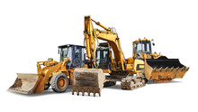 Excavator And Two Bulldozer Loader Close-up On A White Isolated Background.Construction Equipment For Earthworks. Element For Design. Rental Of Construction Equipment.