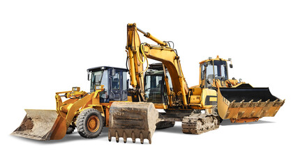 excavator and two bulldozer loader close-up on a white isolated background.construction equipment fo