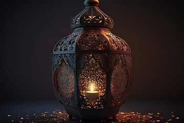 Canvas Print - Ornamental Arabic lantern with magical magic candle light glowing at night. AI