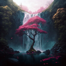 Landscape With Waterfall And Tree- Created With Generative AI Technology
