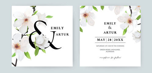 Wall Mural - Elegant minimalist wedding invitation, save the date set. White magnolia flowers, green leaves bouquet. Editable floral watercolor style vector art Illustration. Stylish modern greeting card template