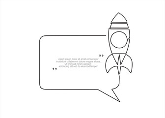 Continuous one line drawing of Rocket launch, ship and speech bubble. Trendy line art vector on a white background. Vector illustration.