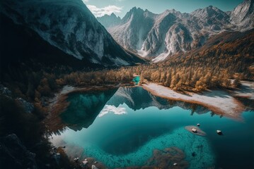 Wall Mural - Albania's Valbona Valley National Park, seen from above, with its reflective waterways. Generative AI