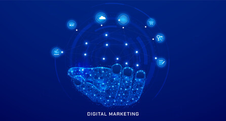 Fototapete - Abstract low poly hand with data analysis icon for business, marketing, finance concept. HUD digital infographic interface showing scifi technology report strategy vector.