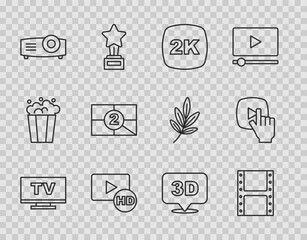 Sticker - Set line Smart Tv, Play video, 2k Ultra HD, Hd movie, tape, frame, Movie, film, media projector, Old countdown, 3D word and Online play icon. Vector