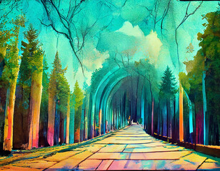 Fairy tale color fantasy forest path. Magic background digital illustration generative ai