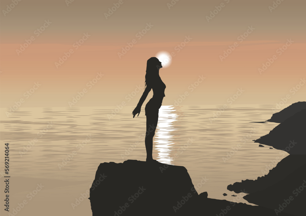 silhouette of a girl on the beach at sunset, vector illustration. Stock ...